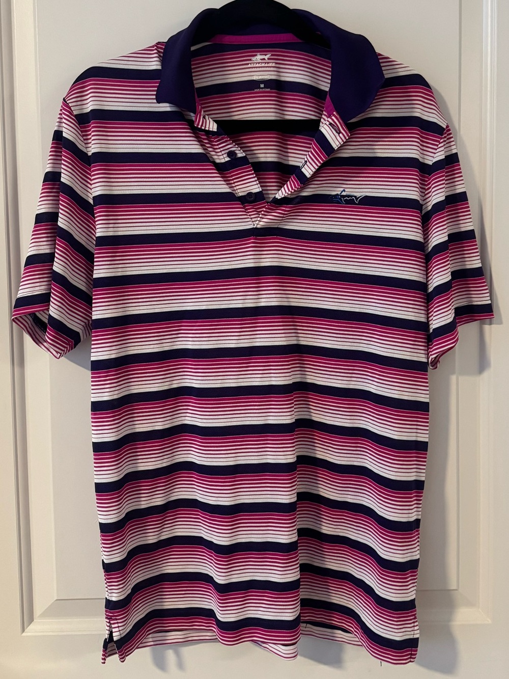 Greg Norman Striped Golf Polo - Pink, White & Purple Mens Size Medium